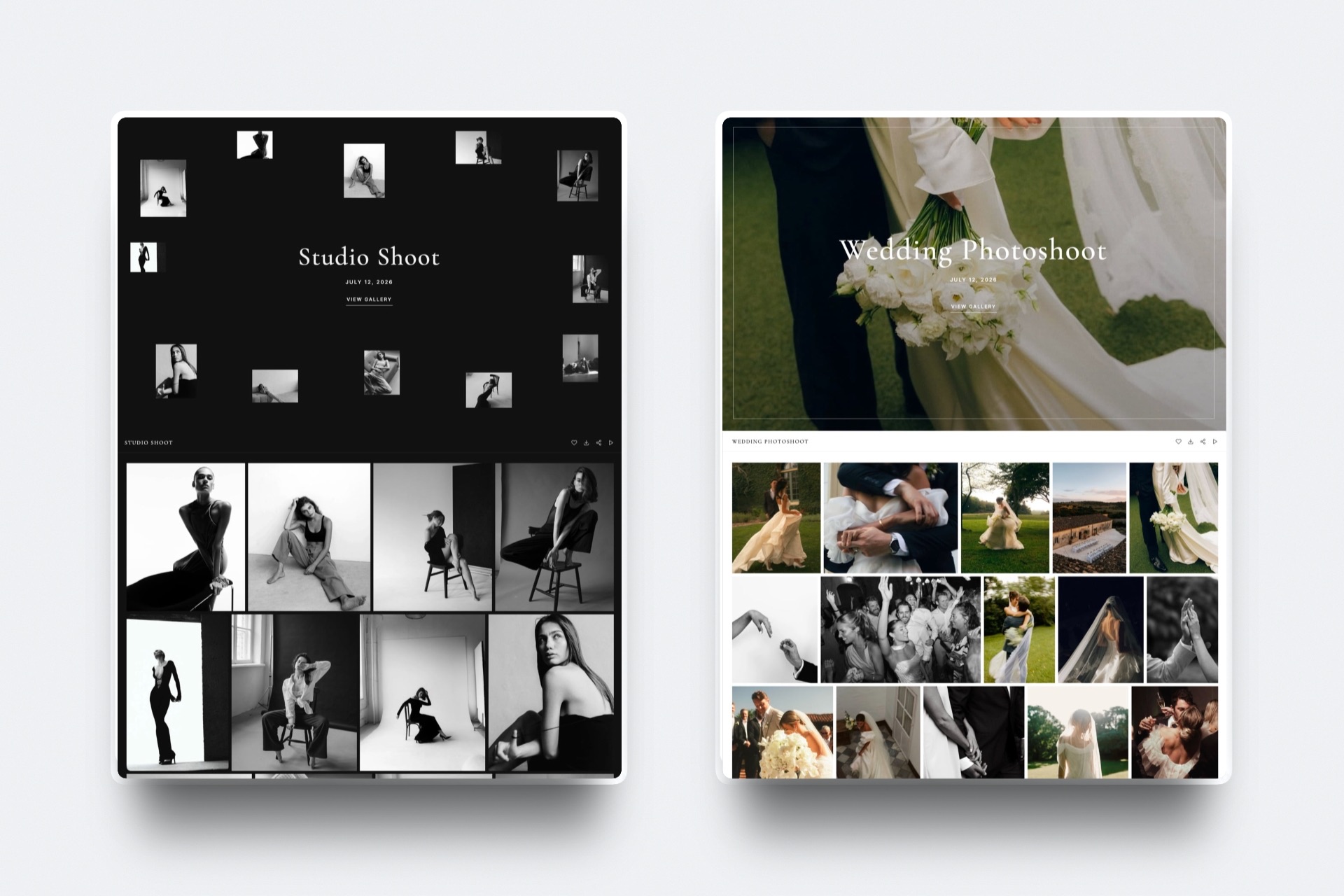 Studio and wedding shoots delivered in Framekit client galleries
