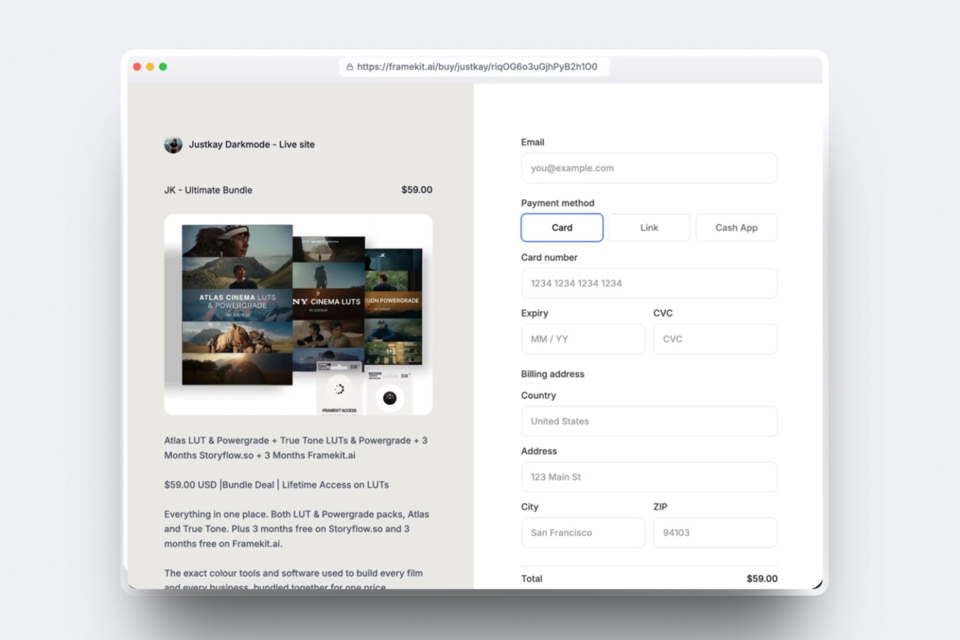 Framekit checkout for a LUT bundle sold as a digital download