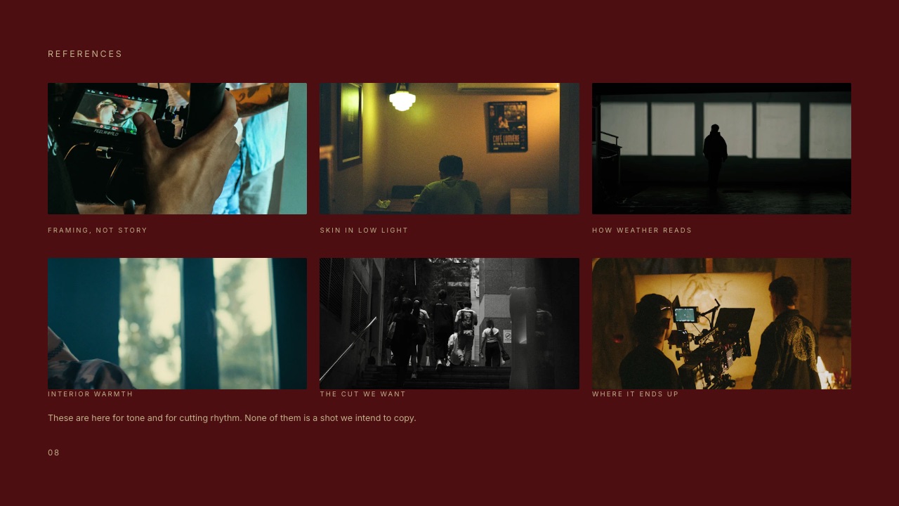 The references page from the Director's Treatment for a Commercial template in Framekit Slides.