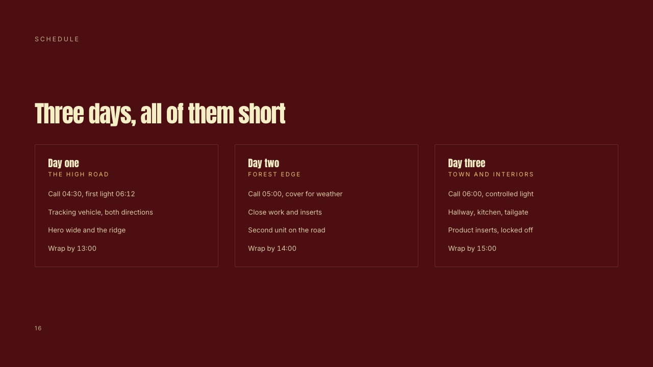 The Shoot days slide from the Director's Treatment template in Framekit Slides, where stage one commits to a date the other three stages depend on.