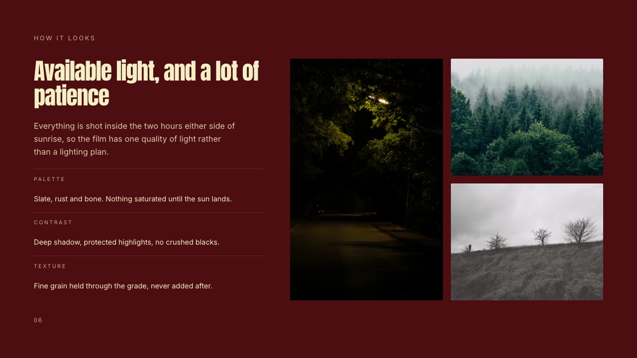 The visual approach page from the Framekit director's treatment template, a full-bleed reference frame with a short note set over it.