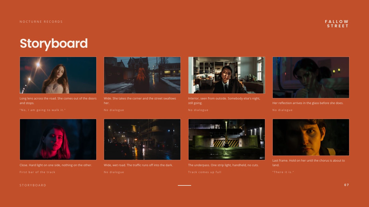 The Storyboard slide of Framekit's Director's Treatment with Storyboard template, eight frames of a night walk read left to right with short captions