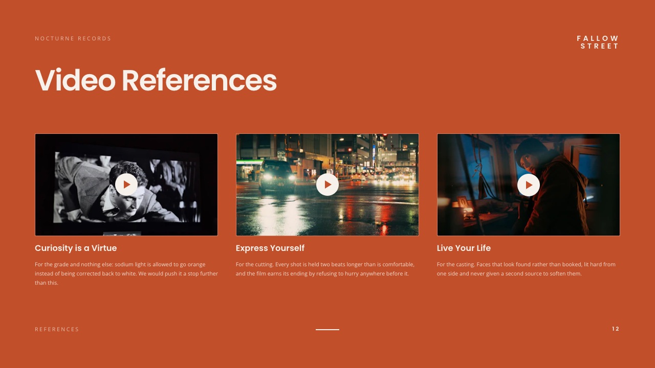 The Video references slide of Framekit's Director's Treatment with Storyboard template, three embedded clips each labelled with the single thing to take from it