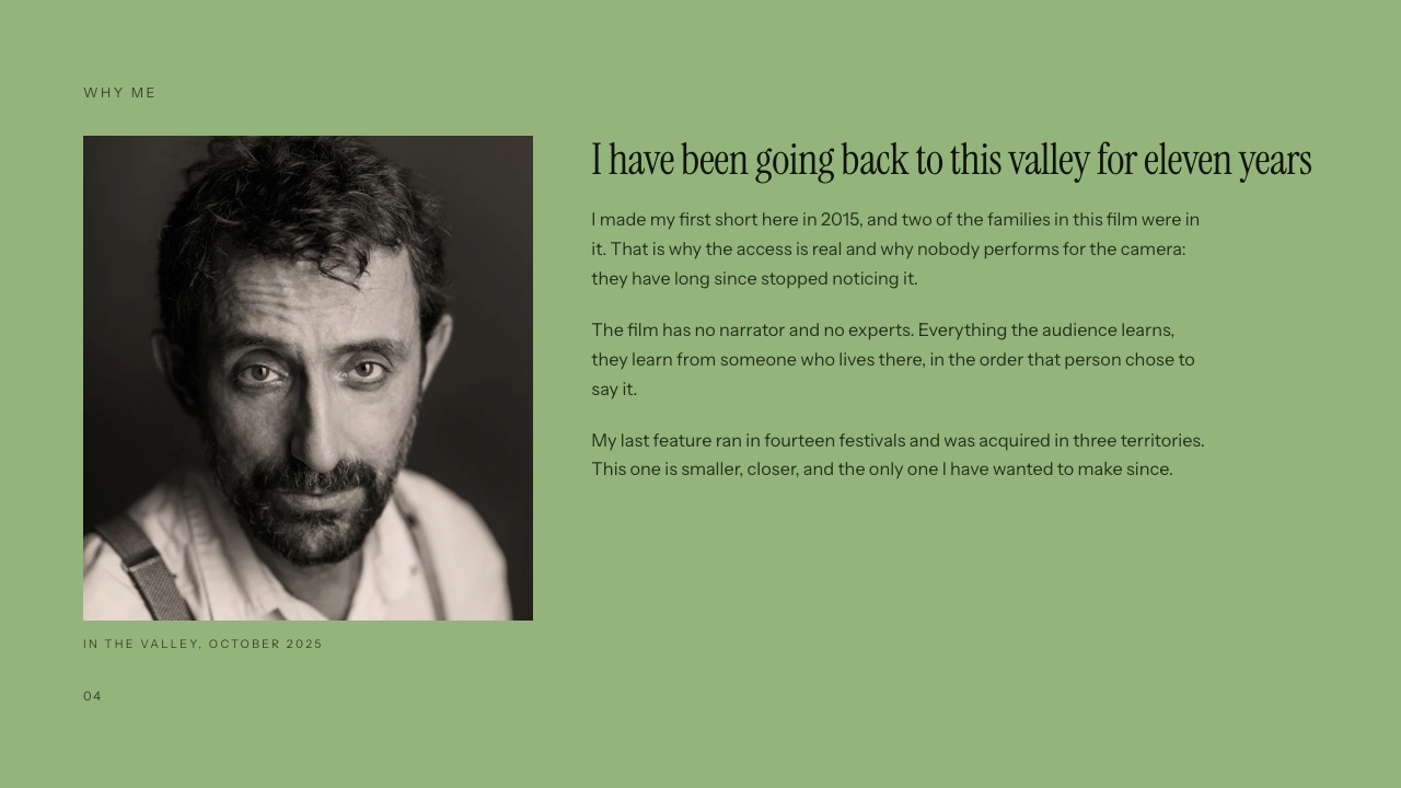The Director's statement slide of Framekit's Documentary Funding Pitch template, a portrait beside a first-person statement headed by eleven years of returning to the valley