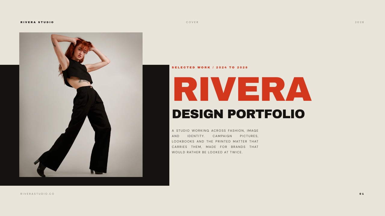 The cover slide of the Framekit Fashion Studio Portfolio template, a single full-bleed image with the studio name set in small type.
