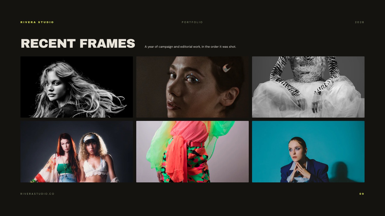 The recent frames slide from the Framekit Fashion Studio Portfolio template, a contact-sheet style spread of selected images.