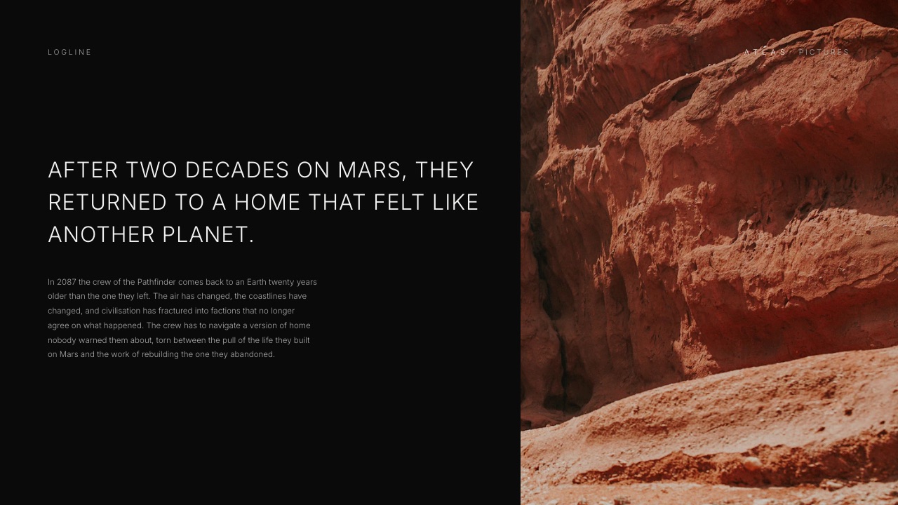 A logline page from a film financing pitch deck built in Framekit