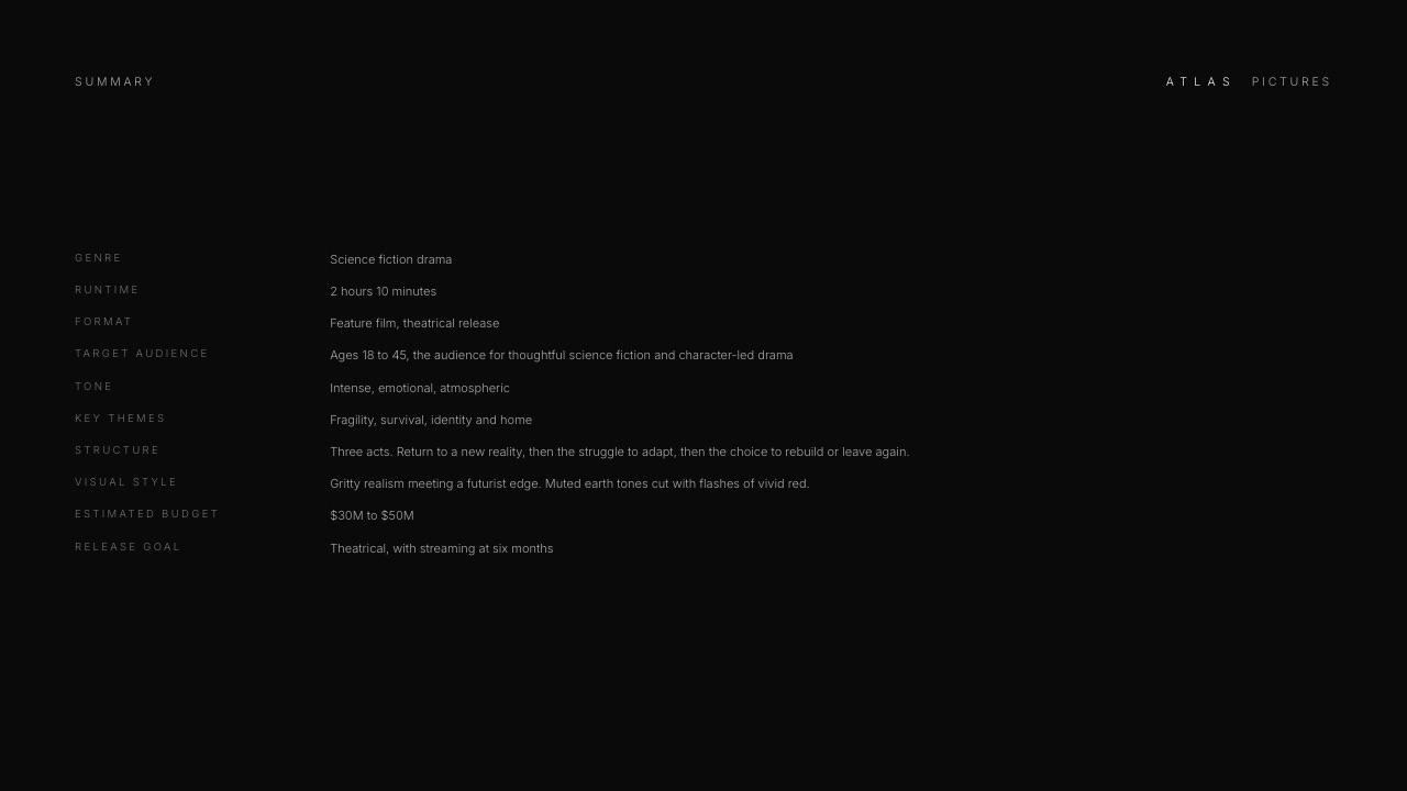 The Summary slide of Framekit's Film Financing Pitch Deck template, ten labelled rows from genre and runtime to estimated budget and release goal