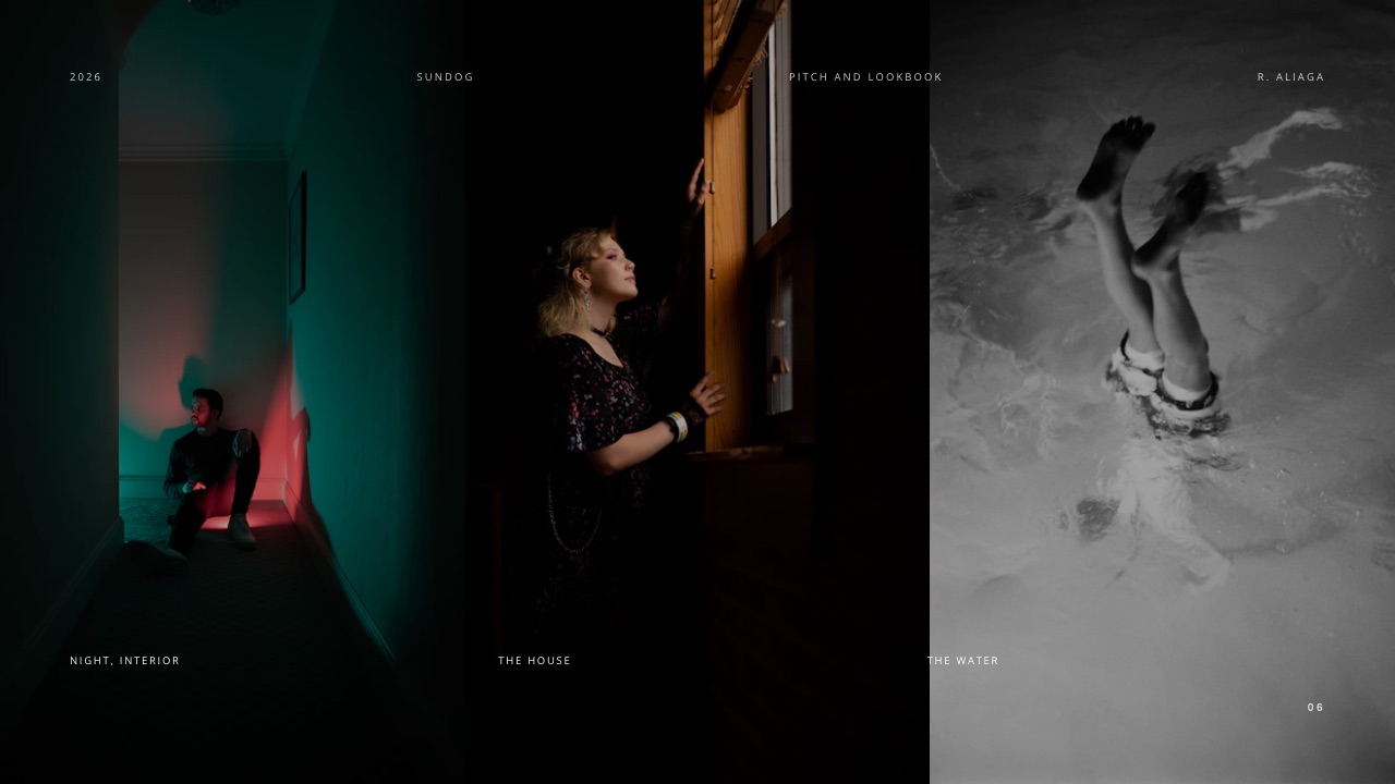 The lookbook spread from the Pitch Deck and Lookbook for a First Feature template in Framekit Slides, a full-bleed image page with the title set small in the corner.