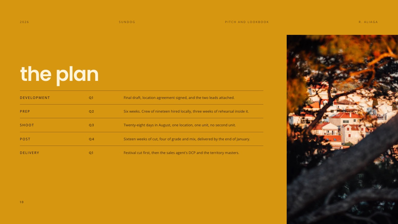 The plan slide of Framekit's Pitch Deck and Lookbook for a First Feature template, a five-row schedule from development to delivery beside a photograph of rooftops