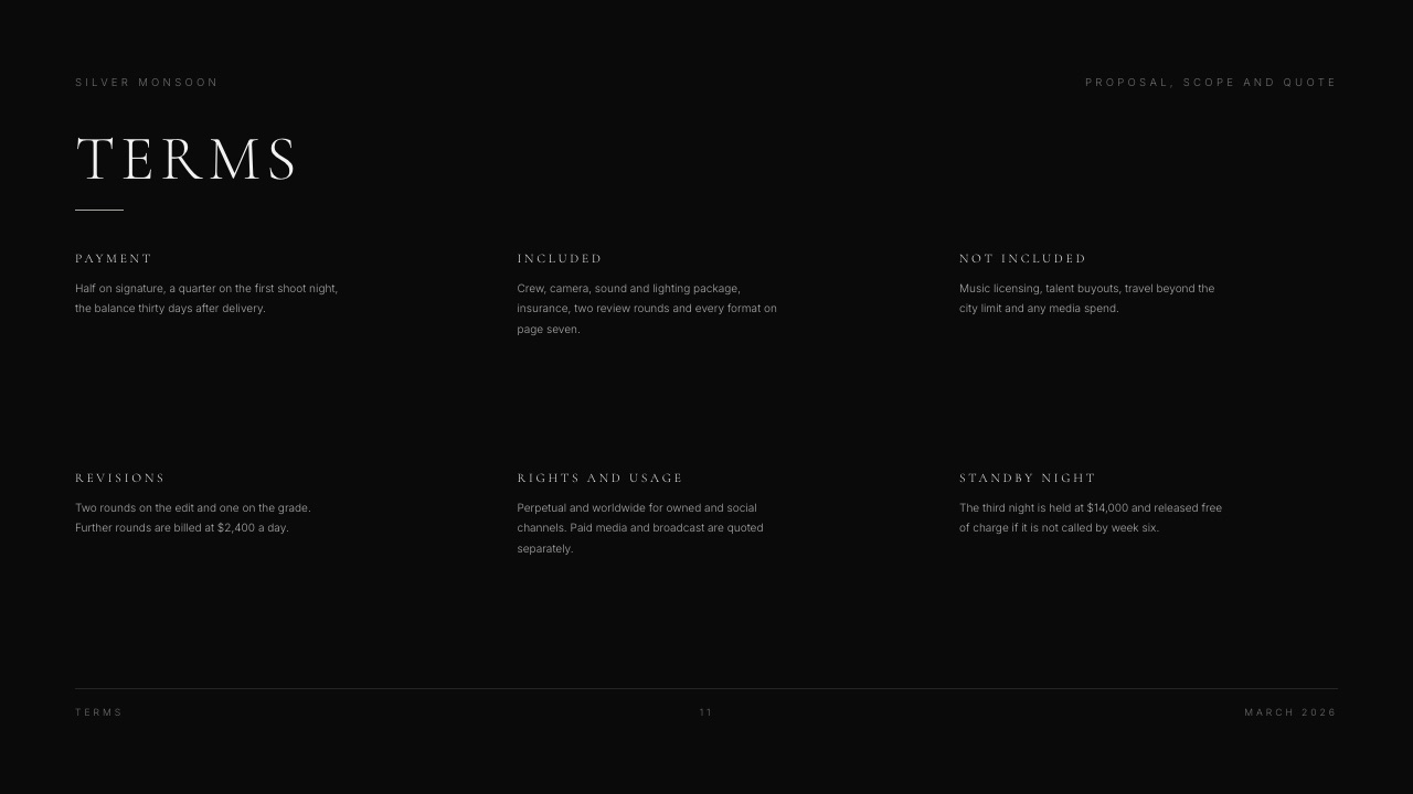 A 'Terms' page from a Framekit Slides production proposal, the natural home for the change-order clause.