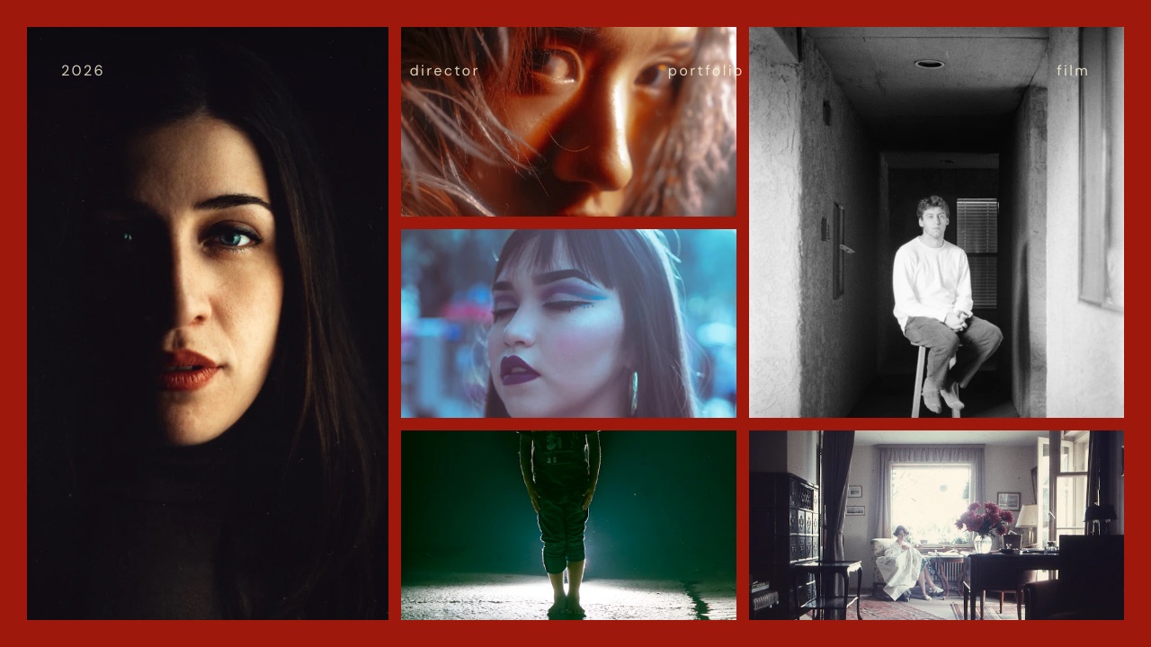 The Selected frames slide from Framekit's Filmmaker Portfolio, Poster Style template, a companion deck for a reel that shows stills from finished projects