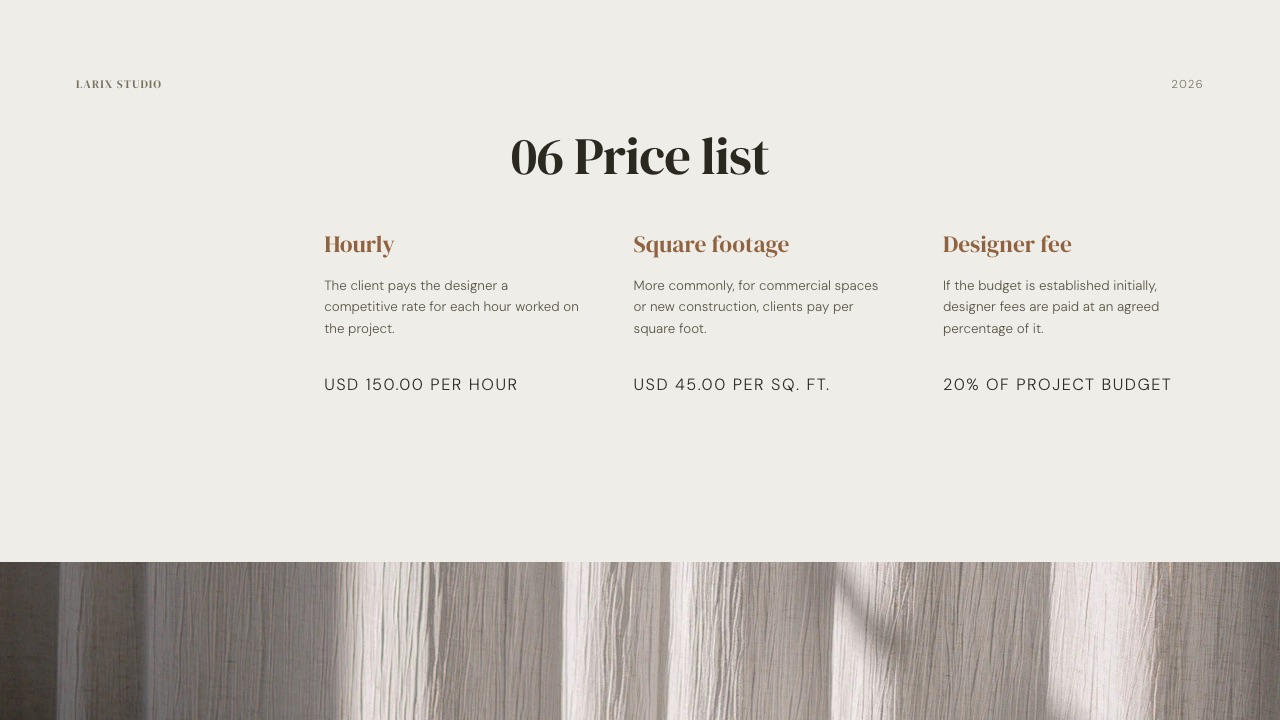 The price list slide from the Framekit Interior Design Studio Pitch template, a plain type-only page with services and prices in a single column.