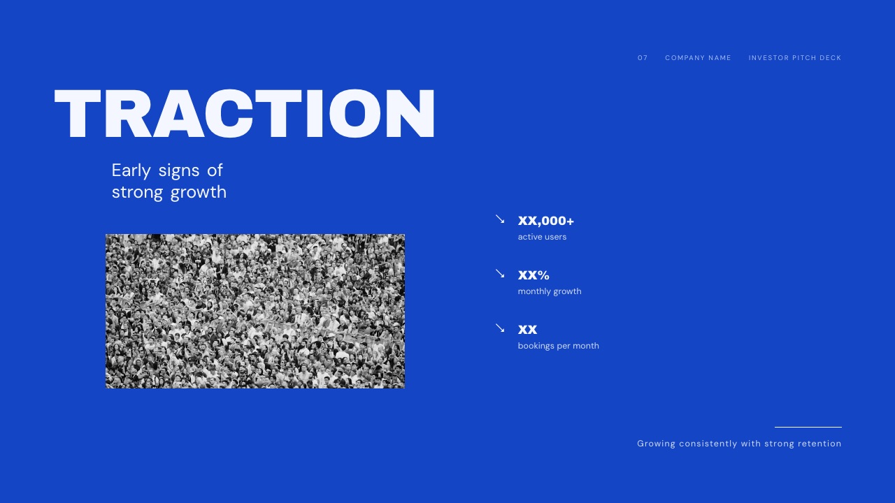 The traction slide from the Framekit investor pitch deck template, the slide an investor reads first, usually on a phone.