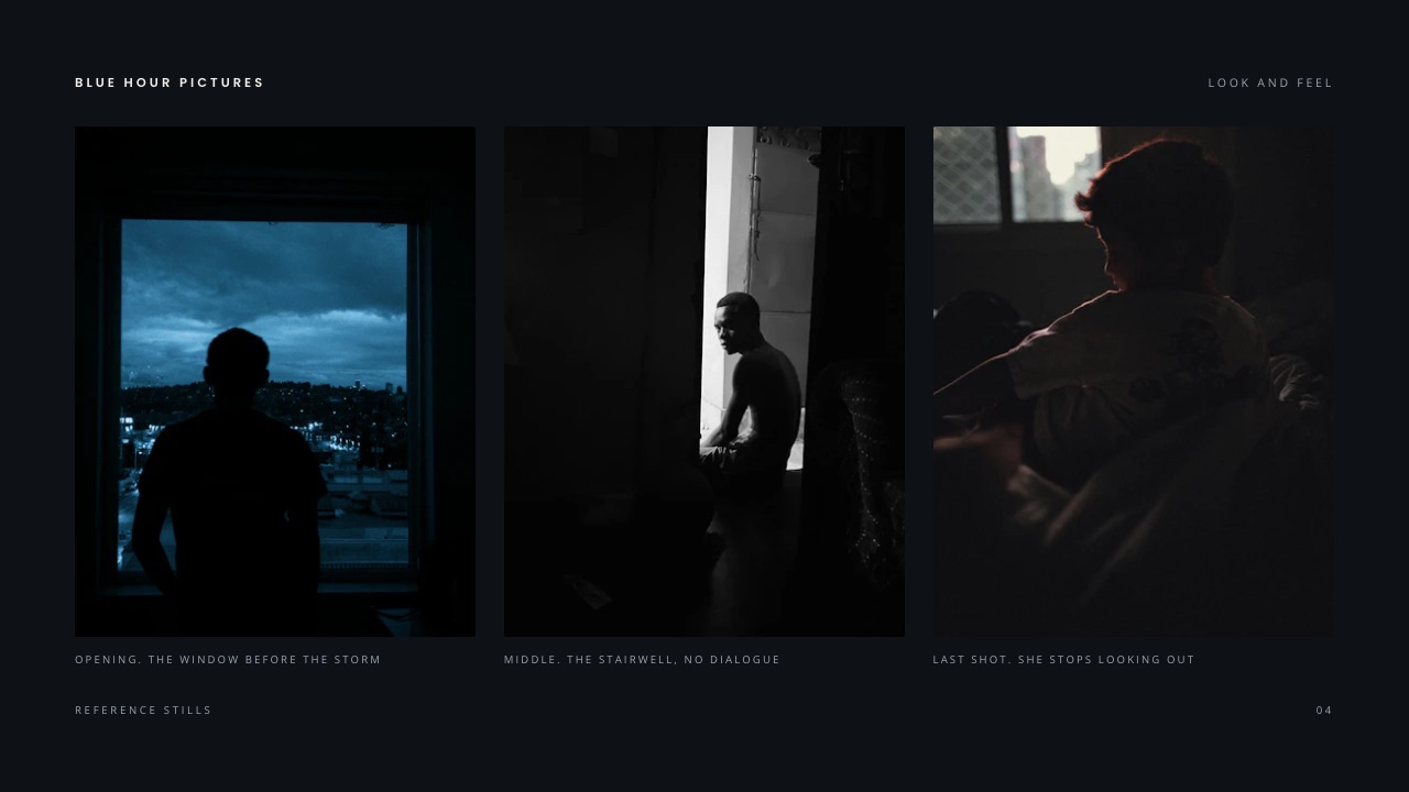 The Look and feel slide of Framekit's Night Shoot Film Treatment template, three dark reference stills captioned opening, middle and last shot