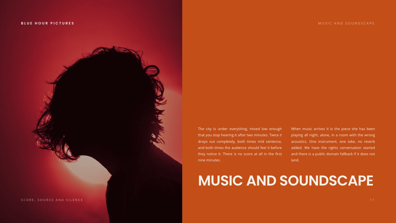 The Music and soundscape slide of Framekit's Night Shoot Film Treatment template, the one warm-toned page in a dark deck, about score, source sound and silence