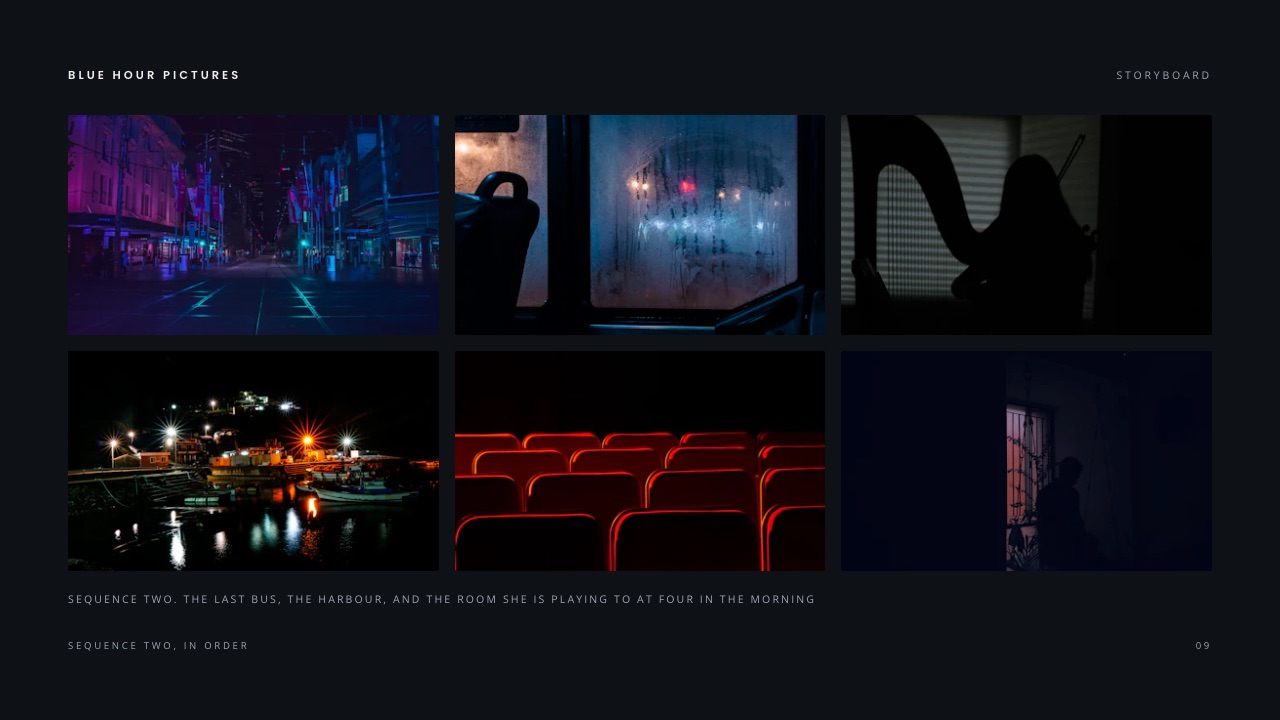The Storyboard slide of Framekit's Night Shoot Film Treatment template, six frames of one night sequence laid out in order