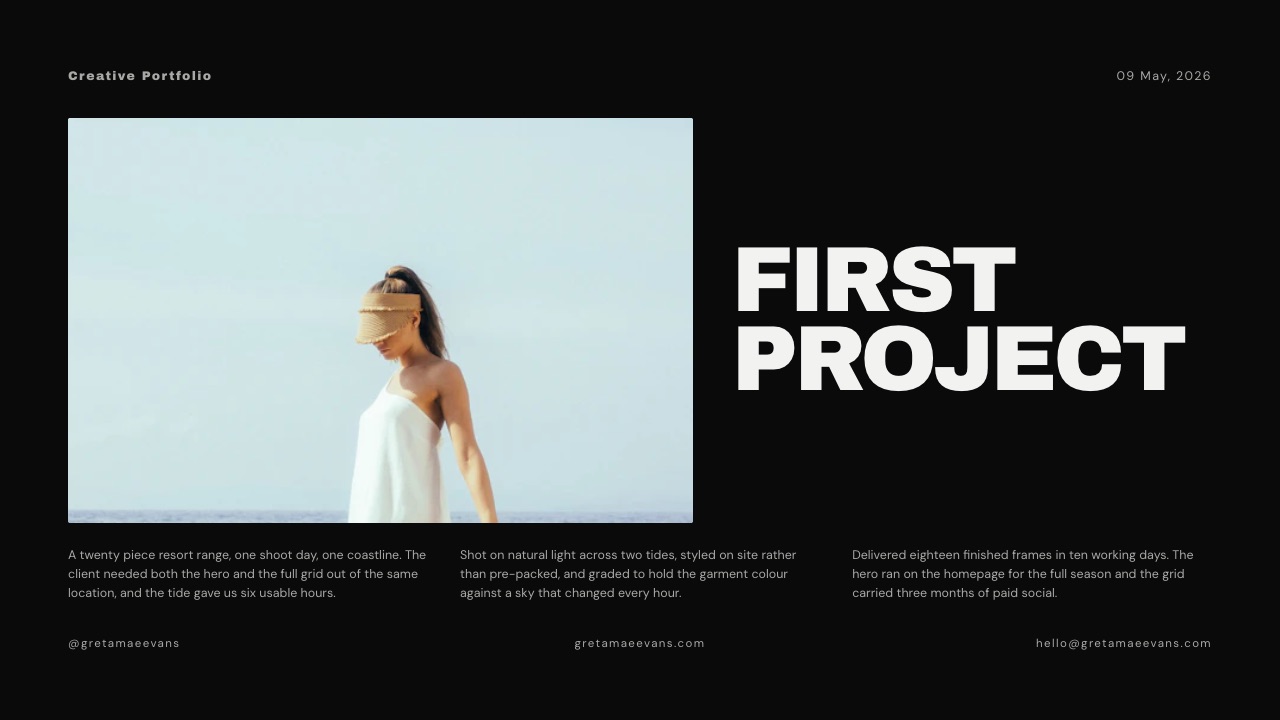 The 'First project' slide from Framekit's Photographer and Stylist Portfolio template, one of the four portfolio templates in Framekit Slides alongside the Product Designer, Director and DP, and Creative Studio decks