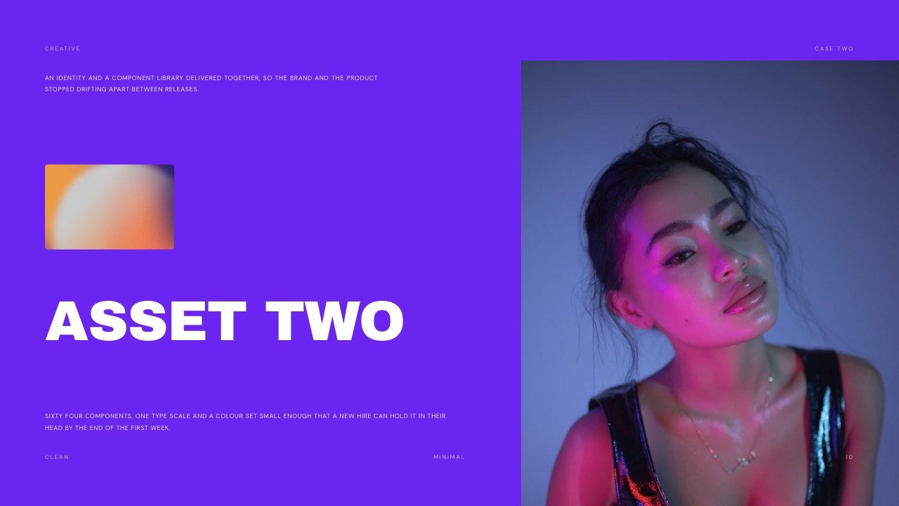 The 'Asset two' slide in Framekit's Product Designer Portfolio template, a second case study on a violet background describing an identity and component library with sixty four components and one type scale
