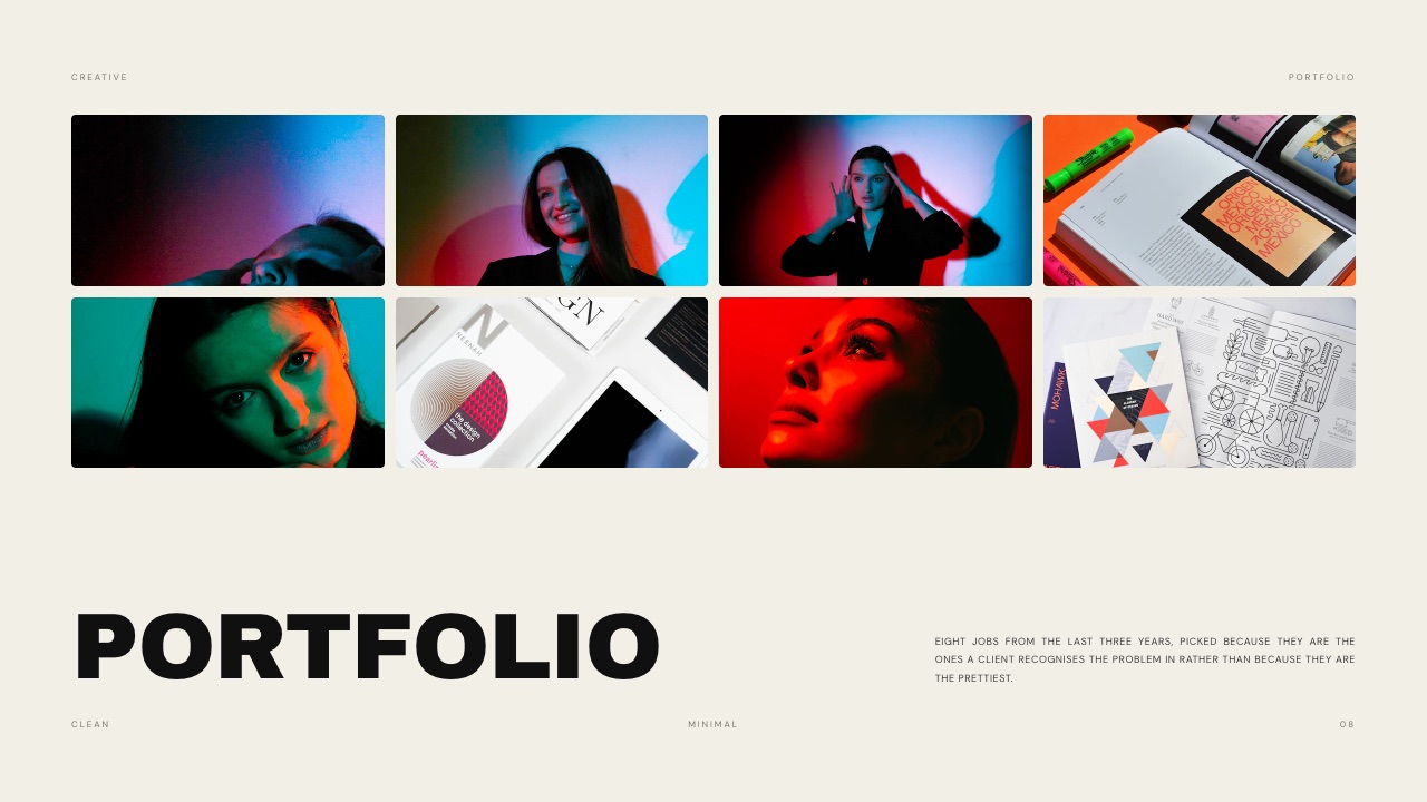 A portfolio page from a designer's deck built in Framekit