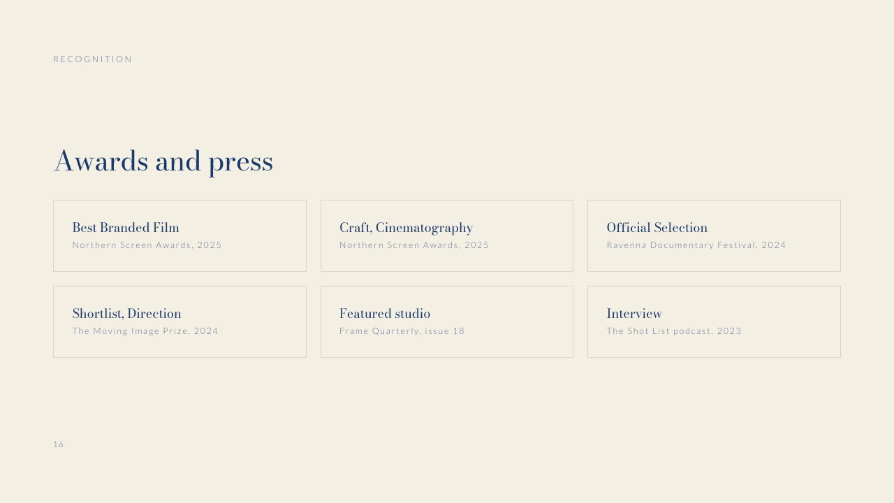 The Awards and press slide of Framekit's Production Company Credentials template, with six recognition tiles covering awards, shortlists, festival selections and press
