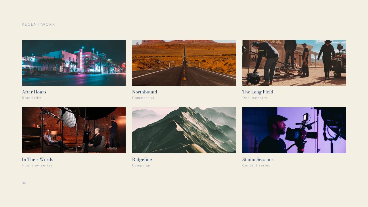 The Selected work slide of Framekit's Production Company Credentials template, six project tiles labelled brand film, commercial, documentary, interview series, campaign and content series