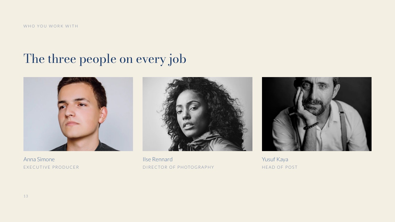 A team page from the Framekit Production Company Credentials deck template, used to introduce a small studio.