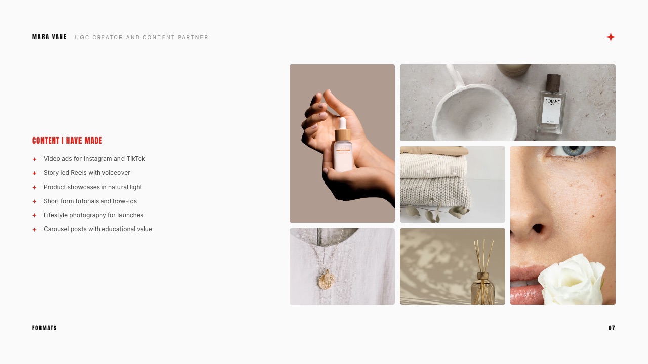 The content slide from the Framekit UGC creator media kit template, showing frames from work the creator has made for brands.