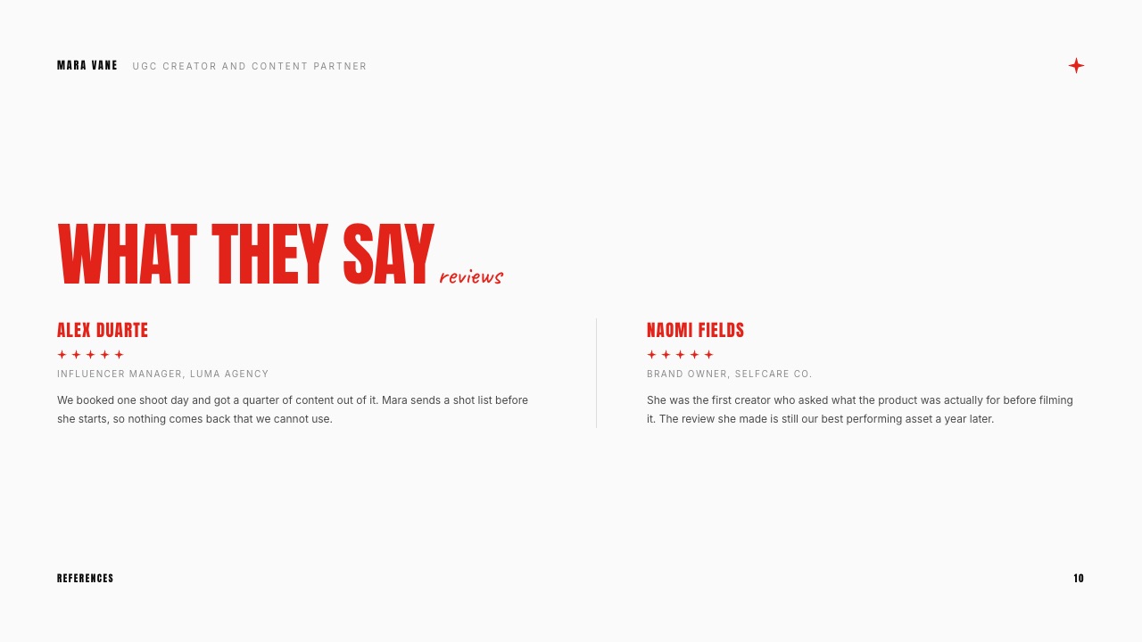 The reviews slide from the Framekit UGC creator media kit template, where past partner feedback sits in the deck.