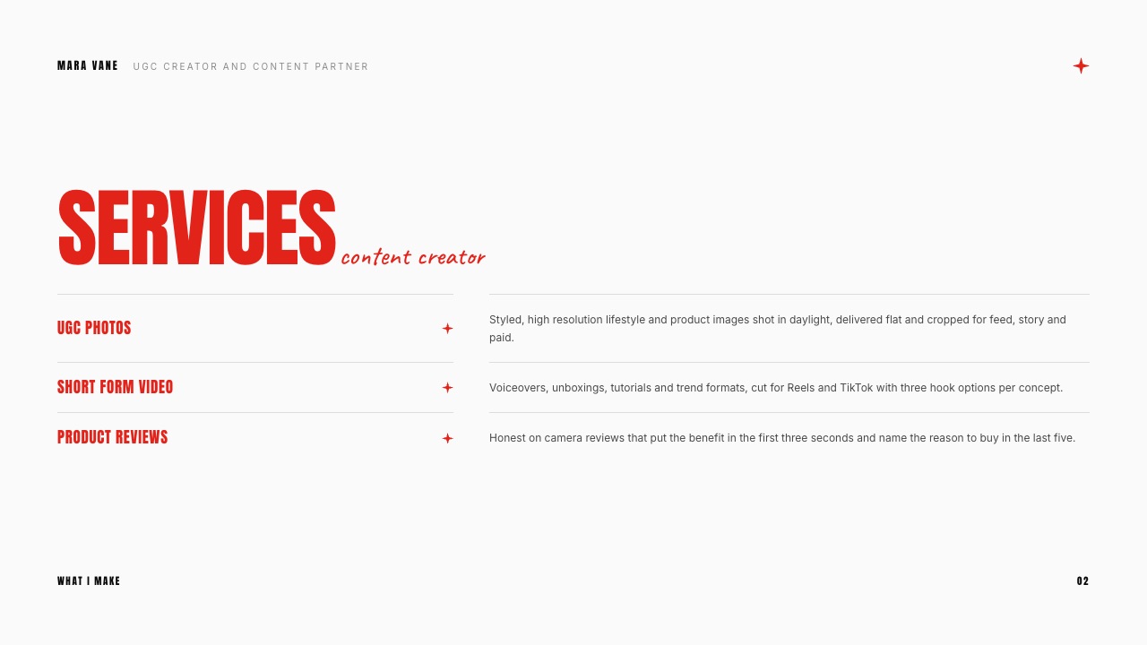 The services slide from the Framekit UGC creator media kit template, listing what the creator makes for brands.