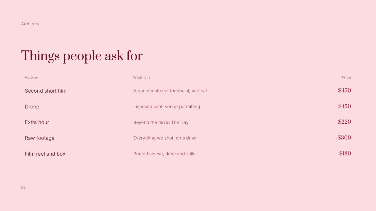 The Add-ons slide from Framekit's Wedding Film Client Proposal template, headed 'Things people ask for', listing a second short film, drone, extra hour, raw footage and a film reel and box, each with a price