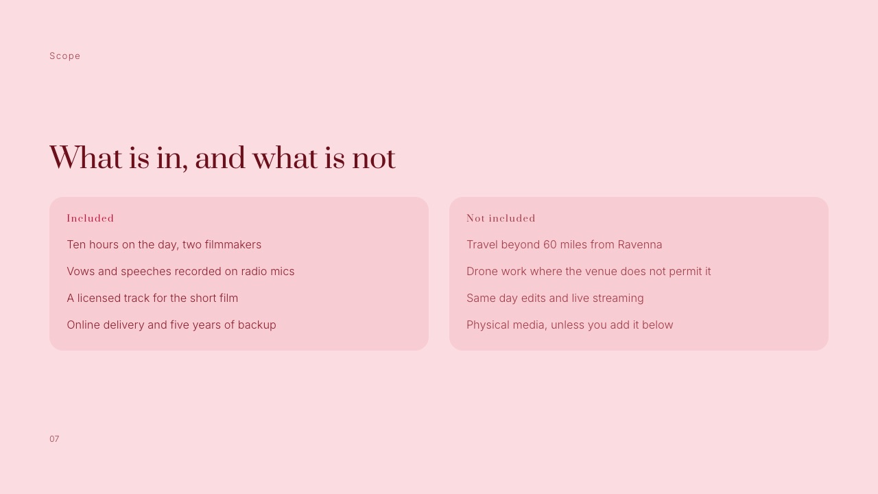 The Included slide from Framekit's Wedding Film Client Proposal template, titled 'What is in, and what is not', with ten hours, radio mics, a licensed track and five years of backup on one side and travel, drone limits and same day edits on the other