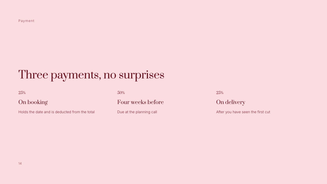 The payment slide from the Framekit Wedding Film Client Proposal template, showing the deposit and balance schedule as two plain rows.