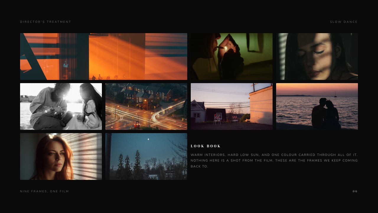 The Look book slide from Framekit's Wedding Film Treatment template: nine reference frames of warm interiors and low sun, with a note that none of them is a shot from the film