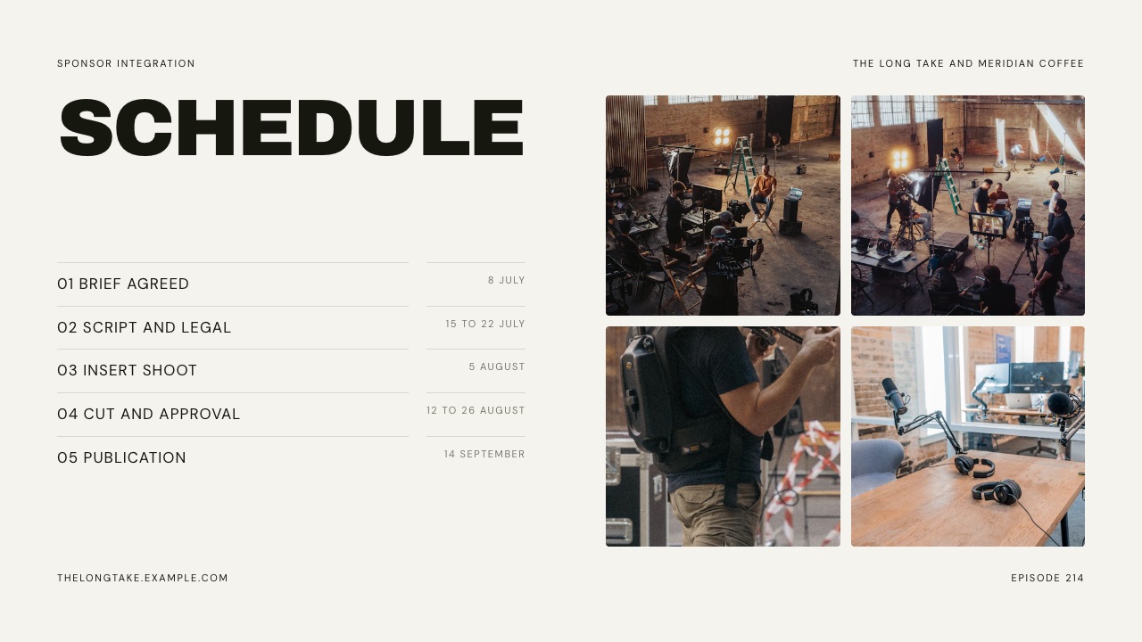 The Schedule slide from Framekit's sponsor integration template, laying out brief, script and legal review, insert shoot, cut and approval, and publication.