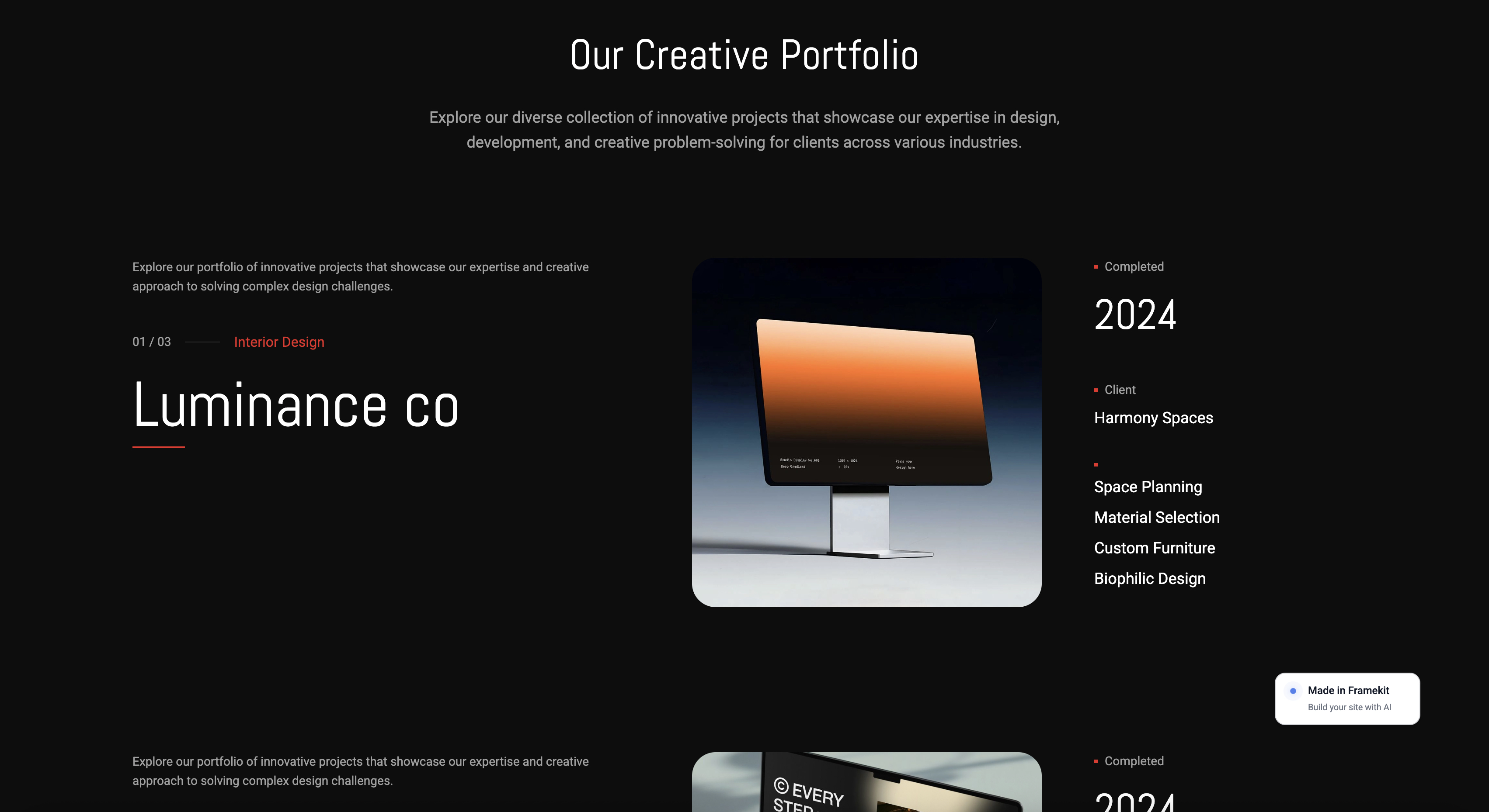A creative agency site with case studies and service pages, built on Framekit