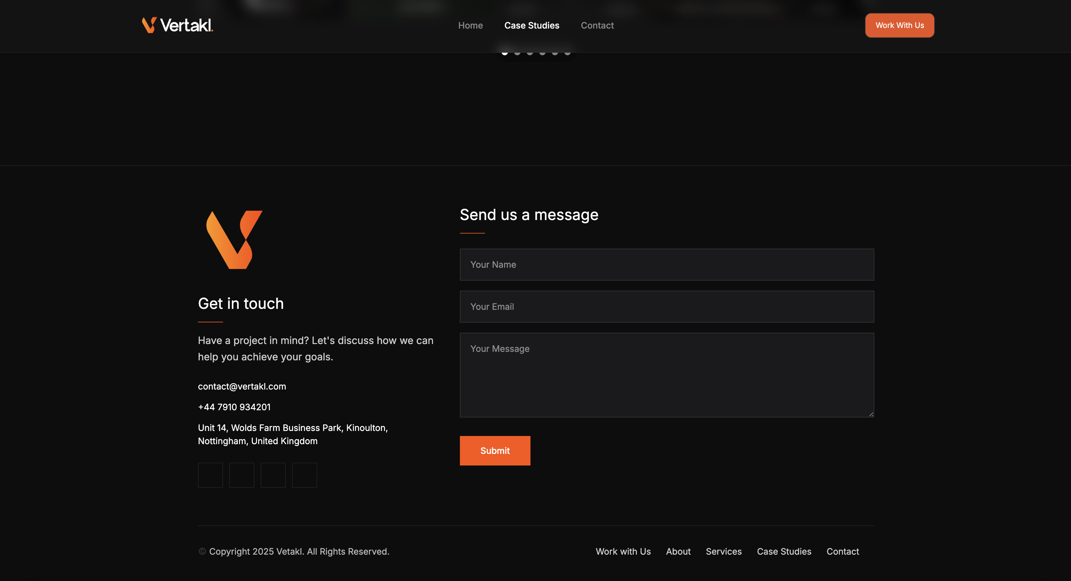 An agency client site with services and contact pages, generated with Framekit