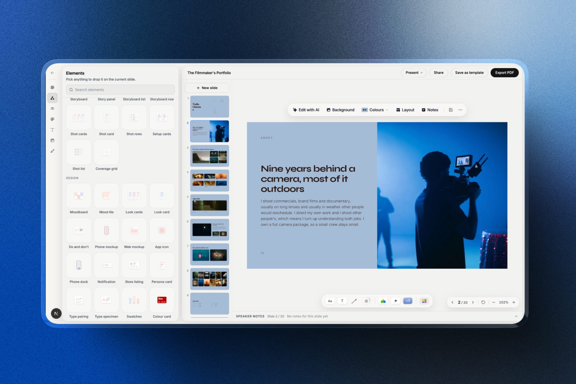 A filmmaker's portfolio deck open in the Framekit Slides editor