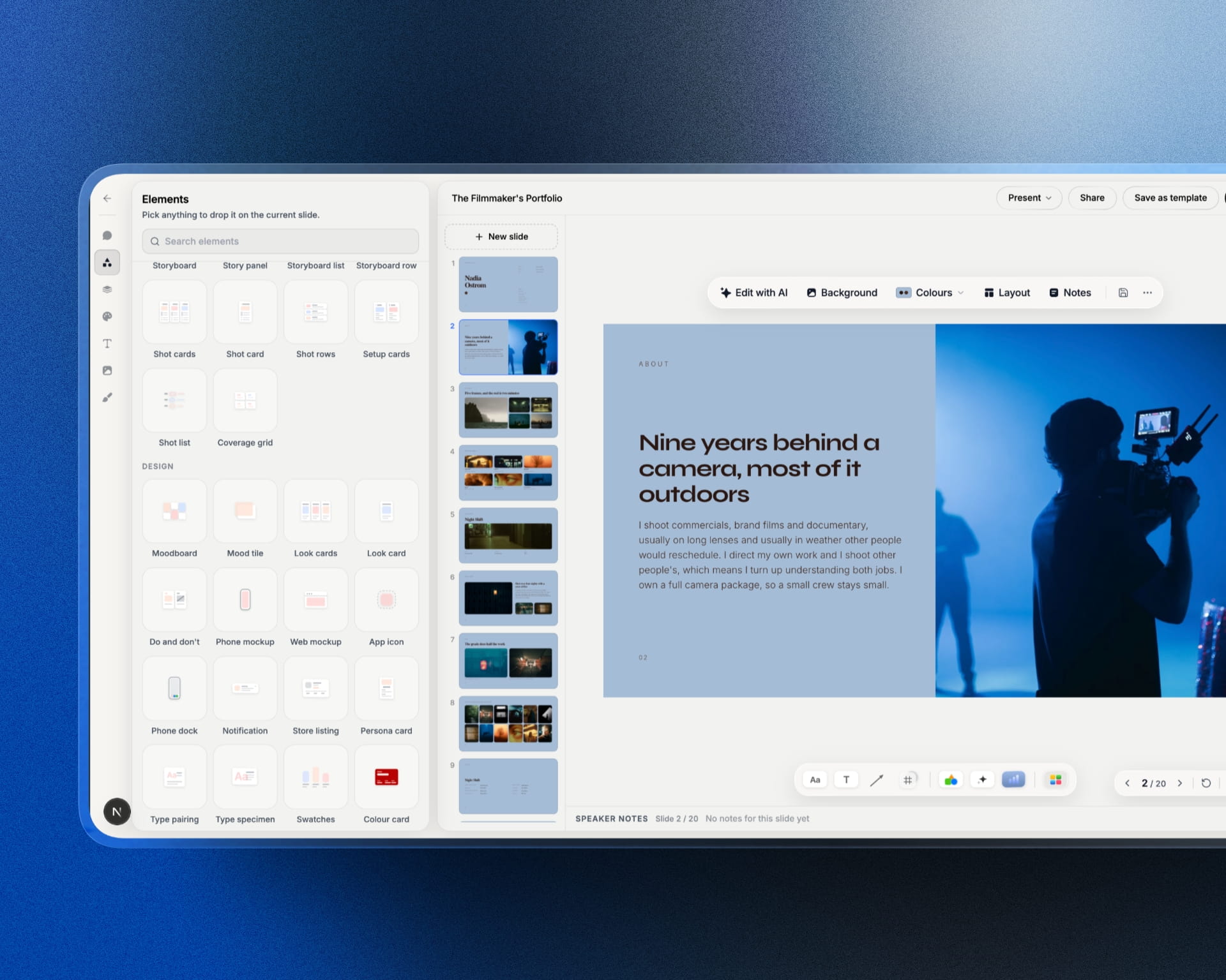 A filmmaker's portfolio deck open in the Framekit Slides editor